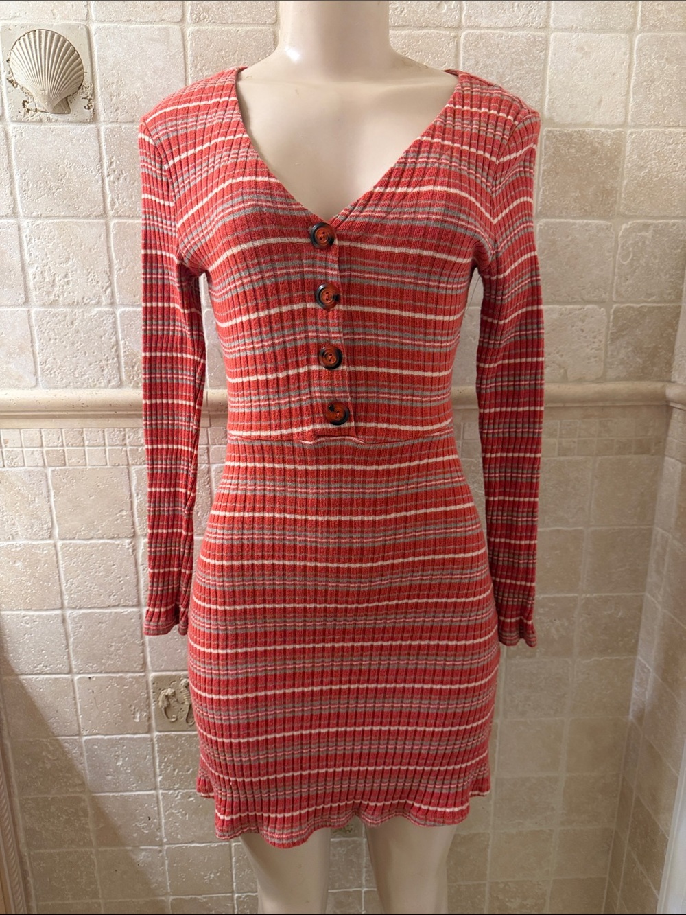 Women’s Ribbed Button-Front Red Striped Dress